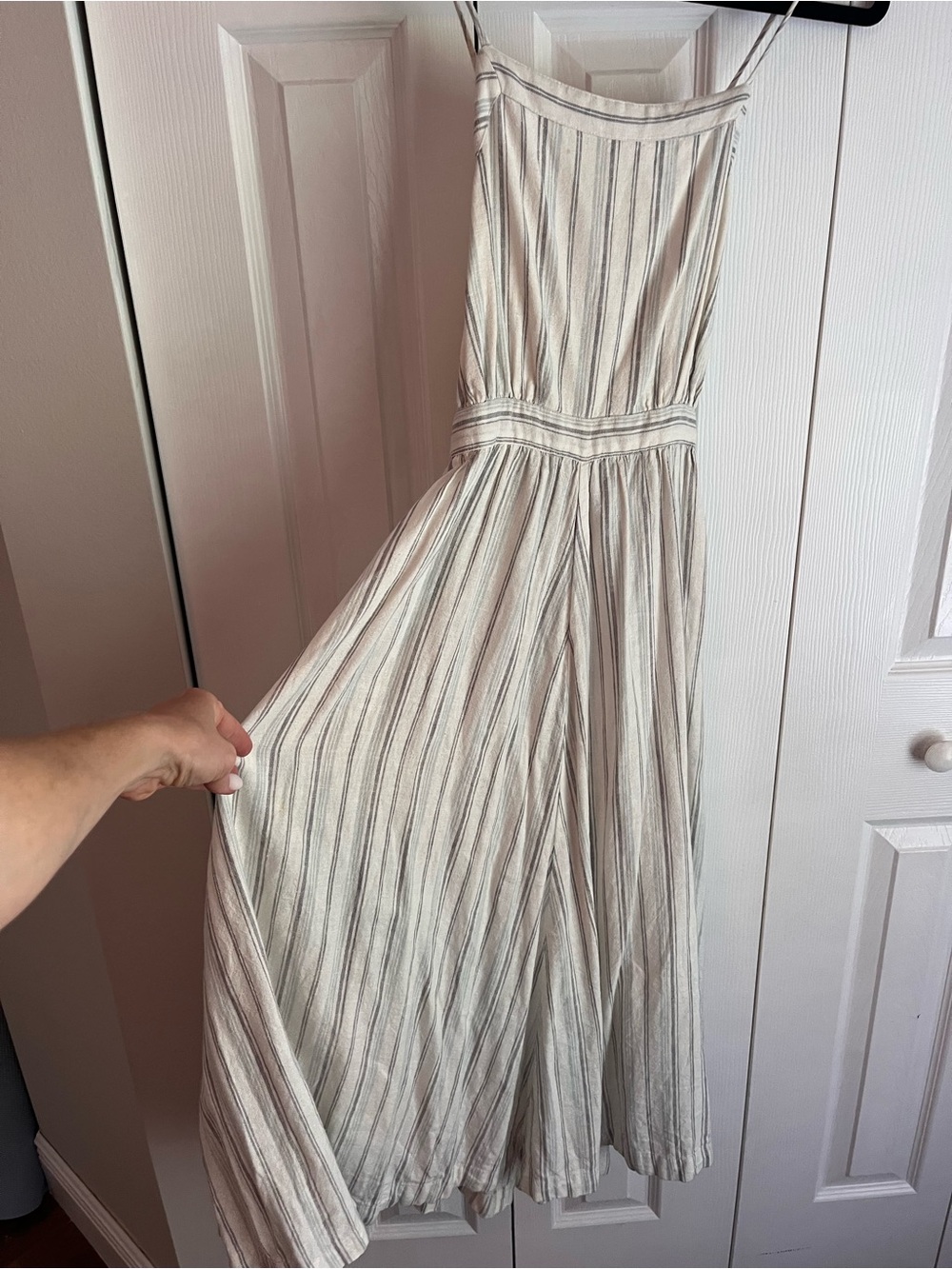 bp Striped Cream and Gray Sundress open back tie dress